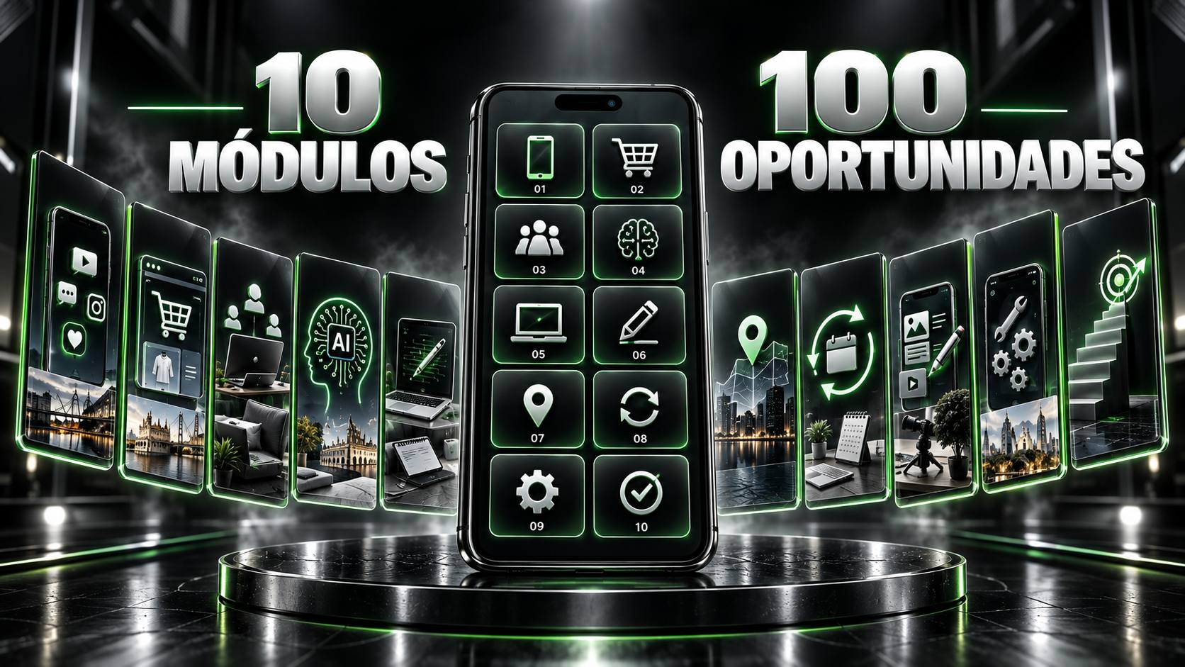 Dez módulos e cem oportunidades apresentados em vários ecrãs de telemóvel
